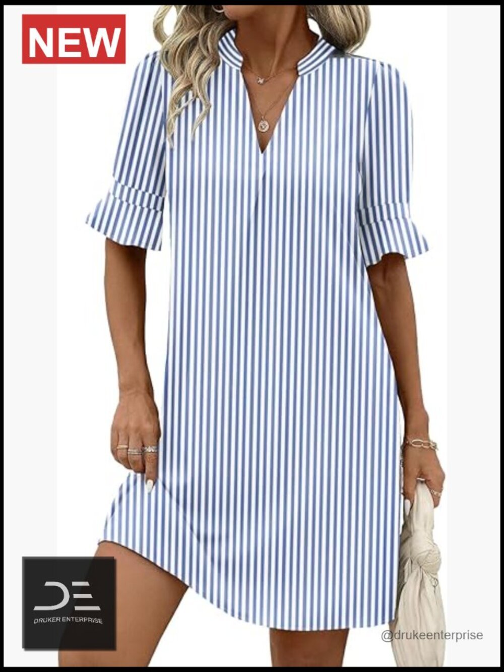 V Neck Ruffle Sleeve Shift Dress with Pockets Summer Beach Sundress